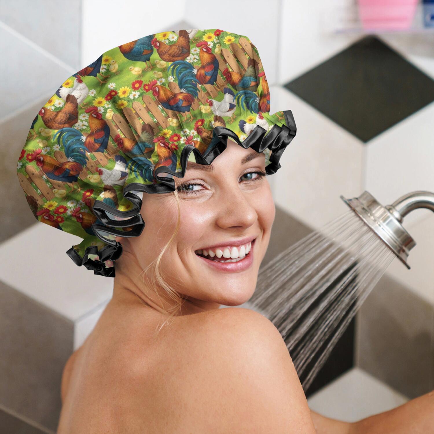 Shower Caps,Green Chicken Farm Pattern Waterproof Shower Cap for Women 4 Pieces,Double Reusable Hair Cover for Shower PEVA Elastic Stretch Hem