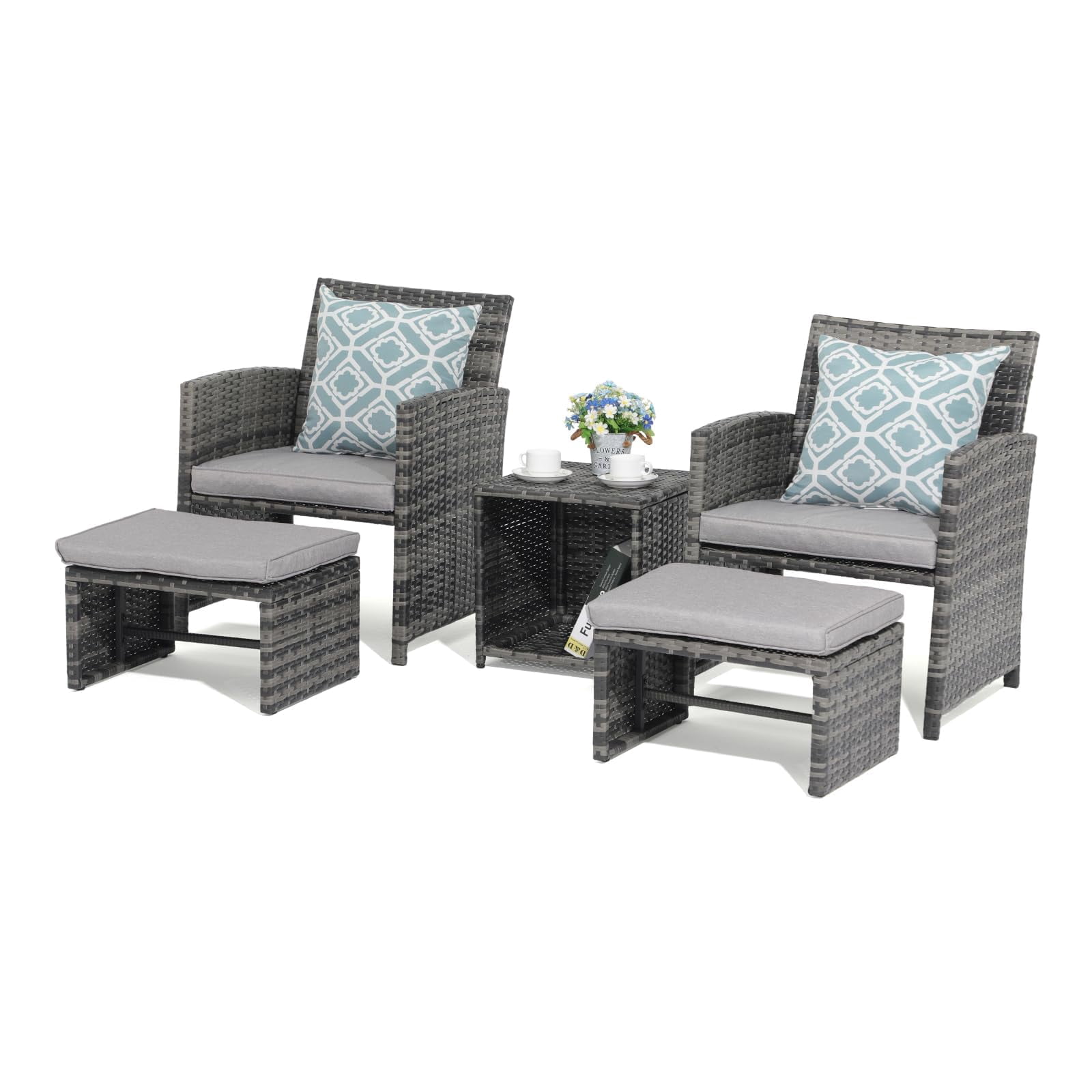 JOIVI 5 Piece Patio Furniture Set, Wicker Outdoor Patio Set with Ottoman and Small Coffee Table, Pillows Included, Light Gray