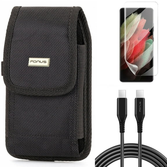 Matte Screen Protector & Case Belt Clip & 6ft Long USB-C Cable for Samsung Galaxy S21 Ultra Phone - TPU Film Anti-Glare & Swivel Holster & PD Fast Charger Cord Power Accessory Bundle