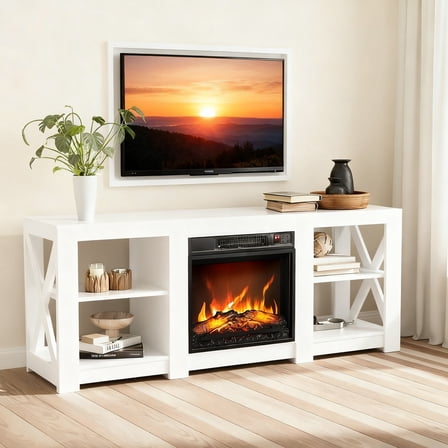 Ktaxon Mid-Century Fireplace TV Stand, Modern 58" Entertainment Center for 55/60/65" TVs with Adjustable Open Storage, White