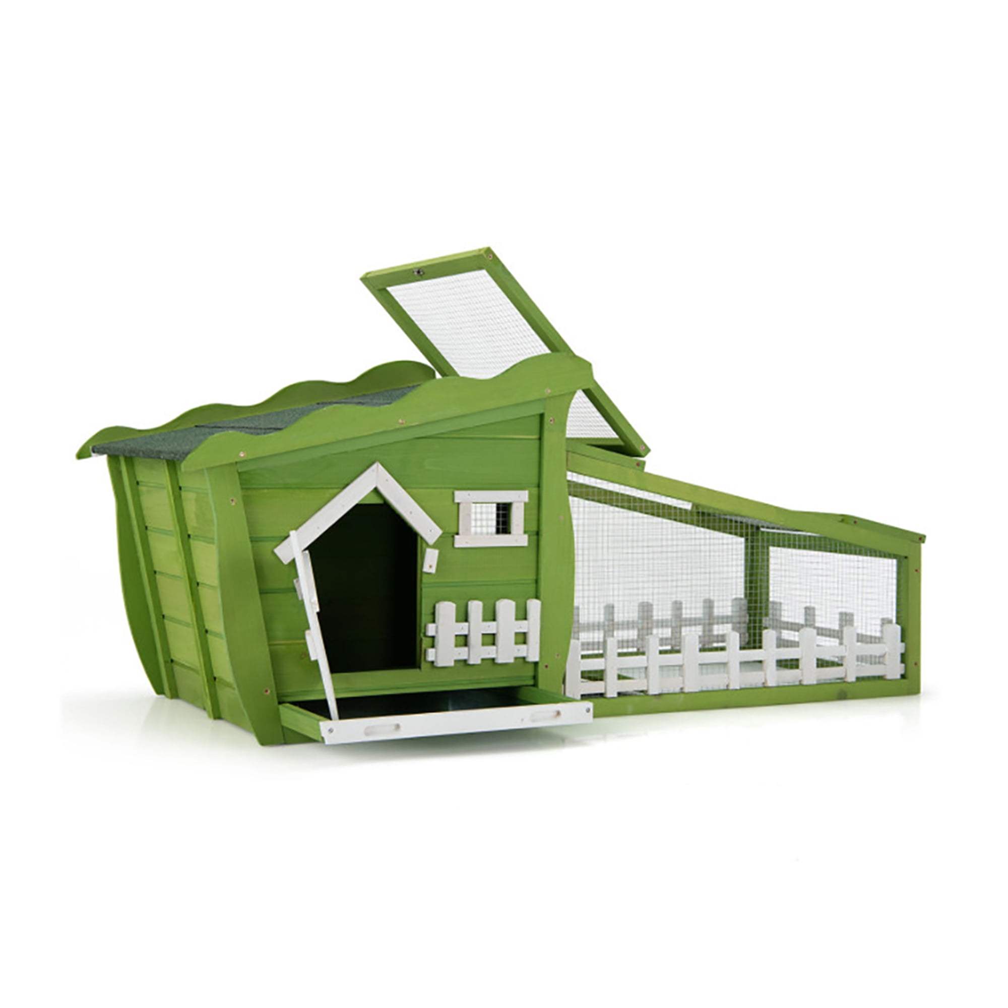 Kadyn 62" Outdoor Rabbit Hutch, Solid Firwood Hen House with Pull Out Tray, Guinea Pig Hutch, Wood Chicken Coops, Green
