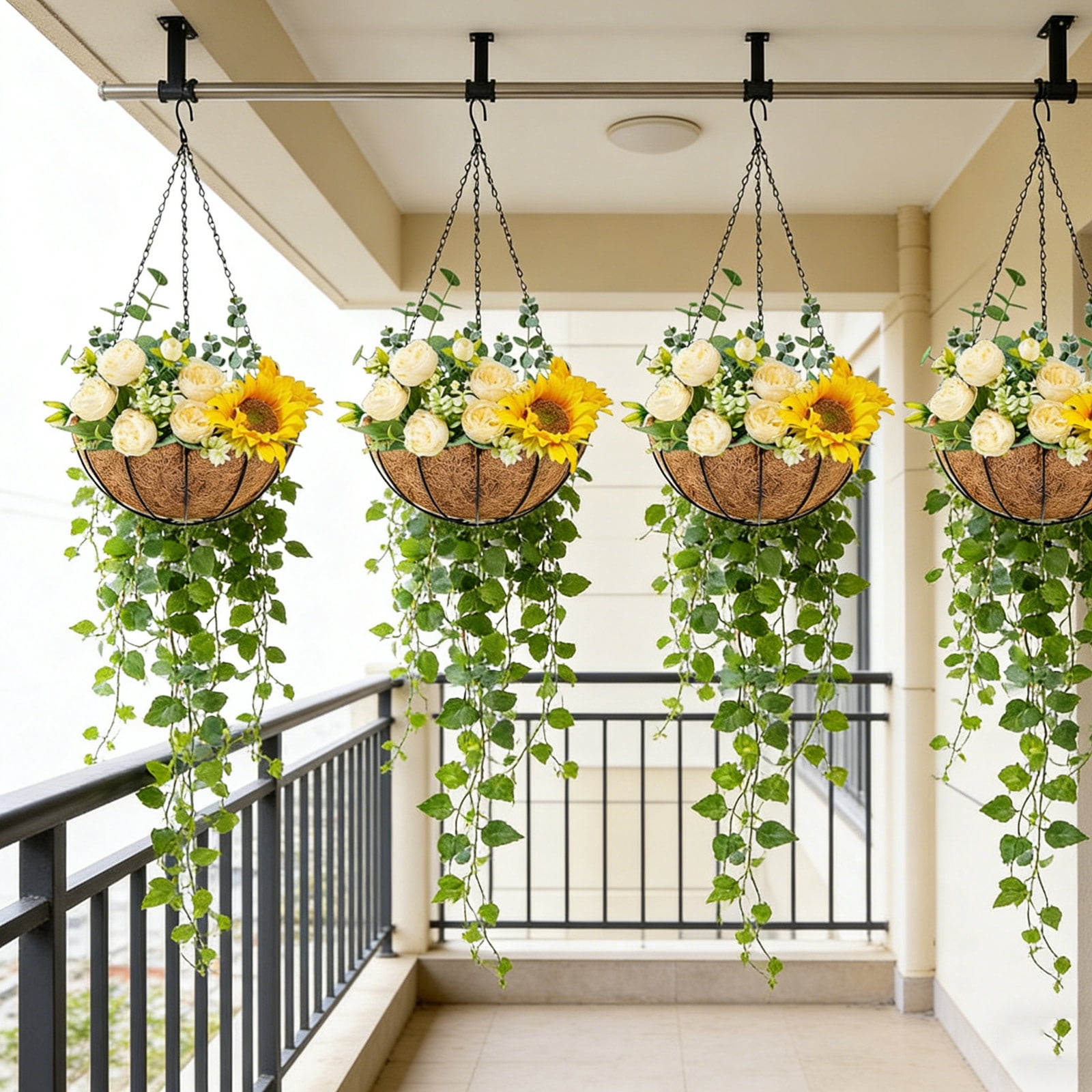 4 Pack 14 Inch Hanging Flower Baskets for Outdoor Plants Large Metal Wire Planters with Coco Liner Pot for Home Planting Black Watering Plant Holders for Outside Garden