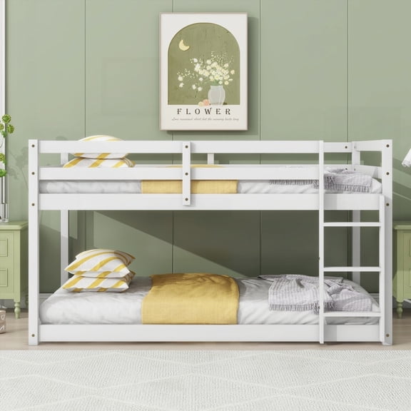 Solid Wooden Twin over Twin Floor Bunk Bed in White, Ladder and Underbed Space for Versatility