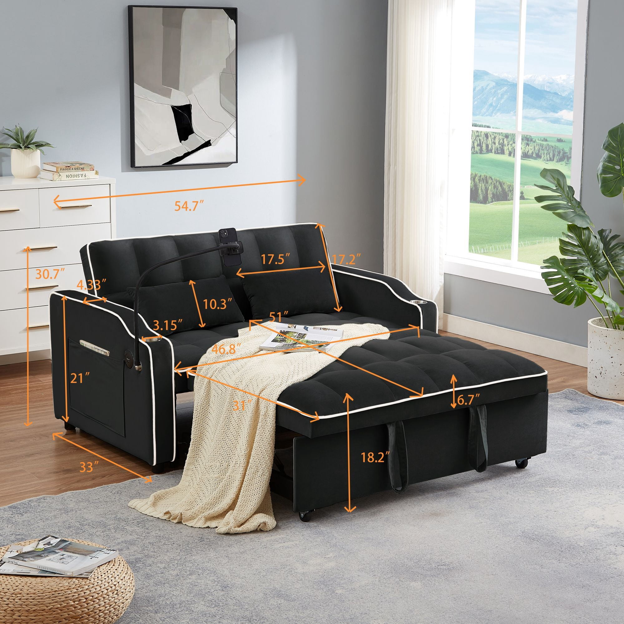 DEALTOPS Pull Out Sofa Bed, Velvet Loveseat Sleeper with Cup Holders, USB Ports and A Phone Stand, Black
