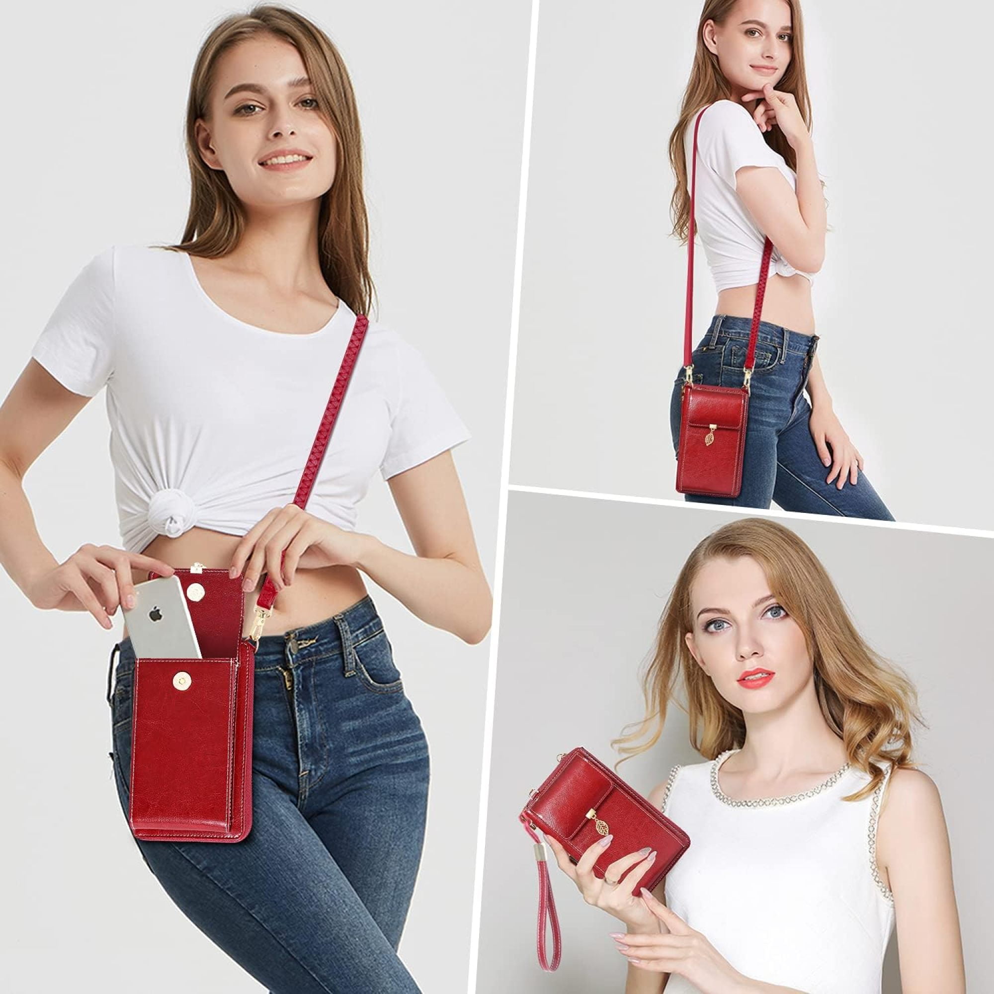 SQDWYGG Small Crossbody Phone Bags for Women Leather Cell Phone Purse Wallet,A-wine Red