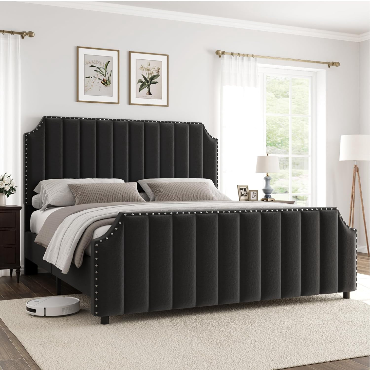Queen Size Platform Bed Frame with 50.2 in Tall Headboard, Velvet Upholstered Bed Frame Queen with Vertical Channel Tufted Headboard & Footboard, Nailhead Trim, No Box Spring Needed, Black