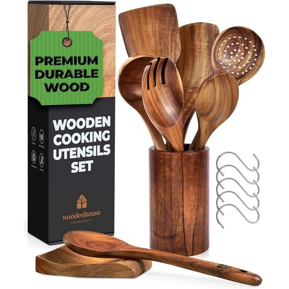 Wooden Utensils for Cooking, 8 piece Set with Holder, Perfect for Nonstick