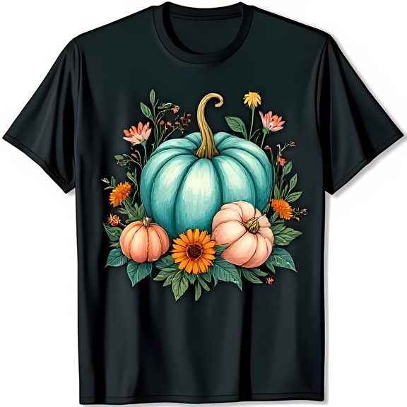 Vibrant Black T-Shirt with Colorful Watercolor Fall Pumpkin Graphic