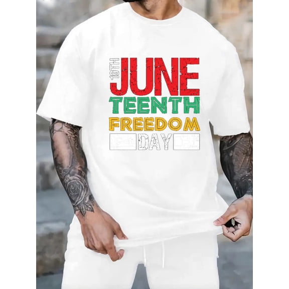 Graphic Short Sleeve T-Shirt for Men Classic Fit Crewneck with JuneTeenthDayTShirt Cotton Fabric on White Fabric