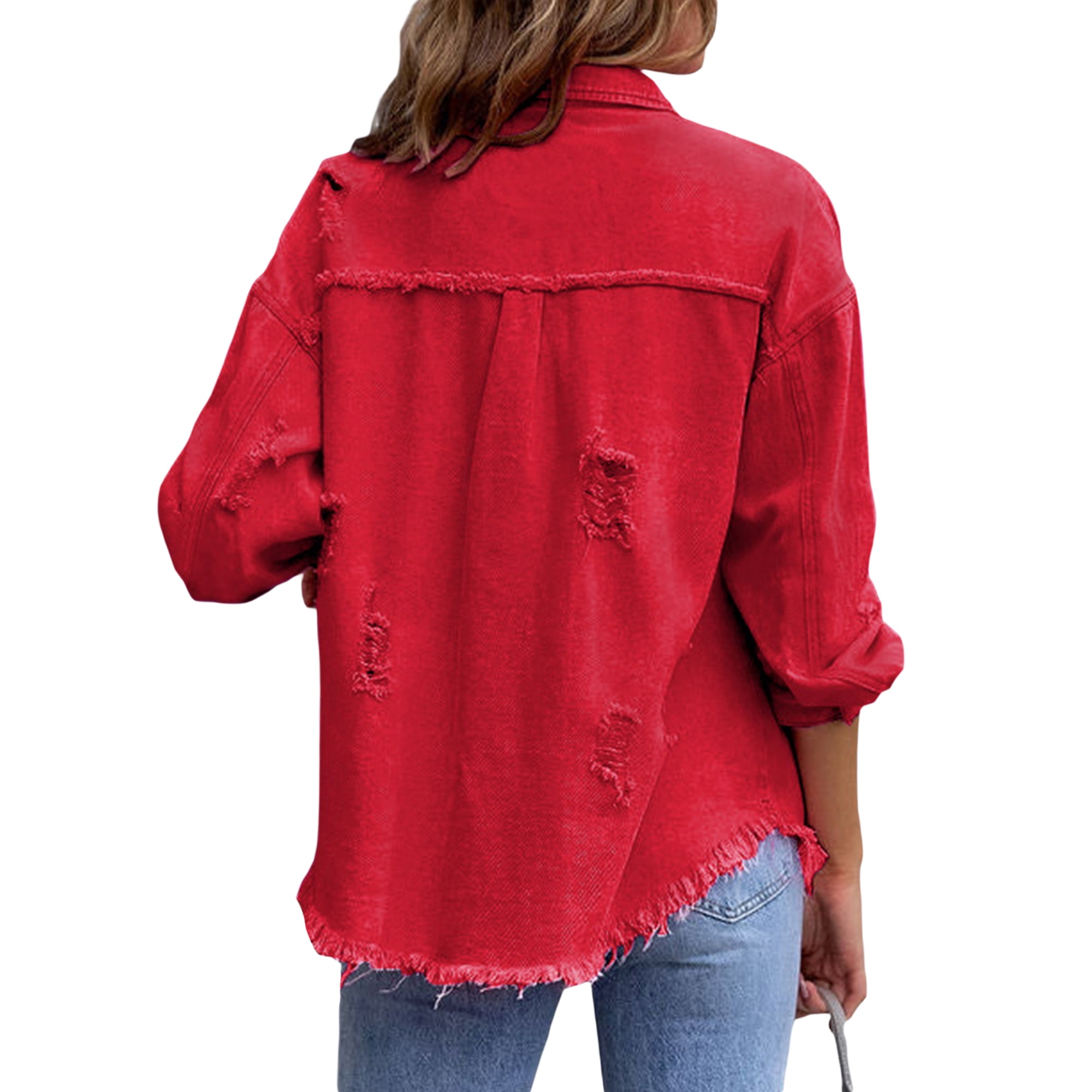 Distressed red denim jacket discount