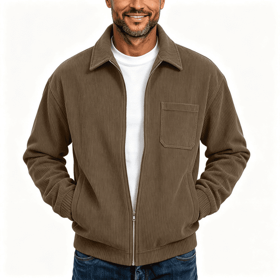 Mens Corduroy Bomber Jacket with Pocekts Full Zip Lapel Long Sleeve Lightweight Casual Shirt Jacekt Khaki XL