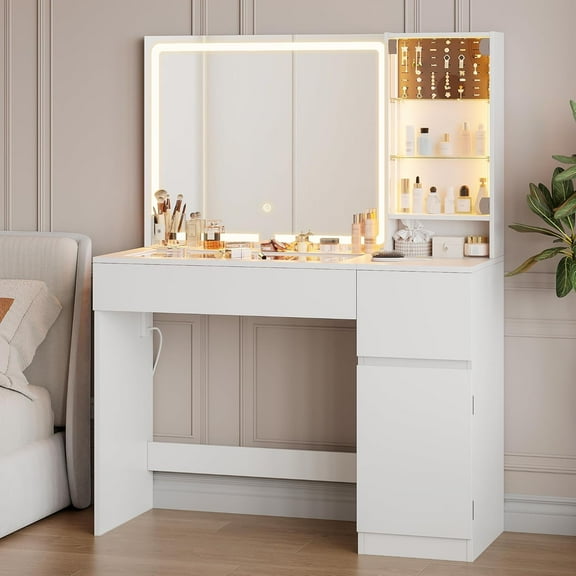 41" Makeup Vanity Desk with Mirror and Lights, Wanan White Vanity with Power Outlet, Jewelry Storage