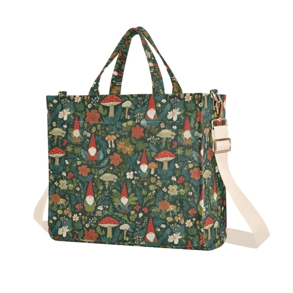 FORMRS Womens Corduroy Tote Bag Crossbody Shoulder Purse Handbag with Detachable Strap, Forest Mushroom Pattern