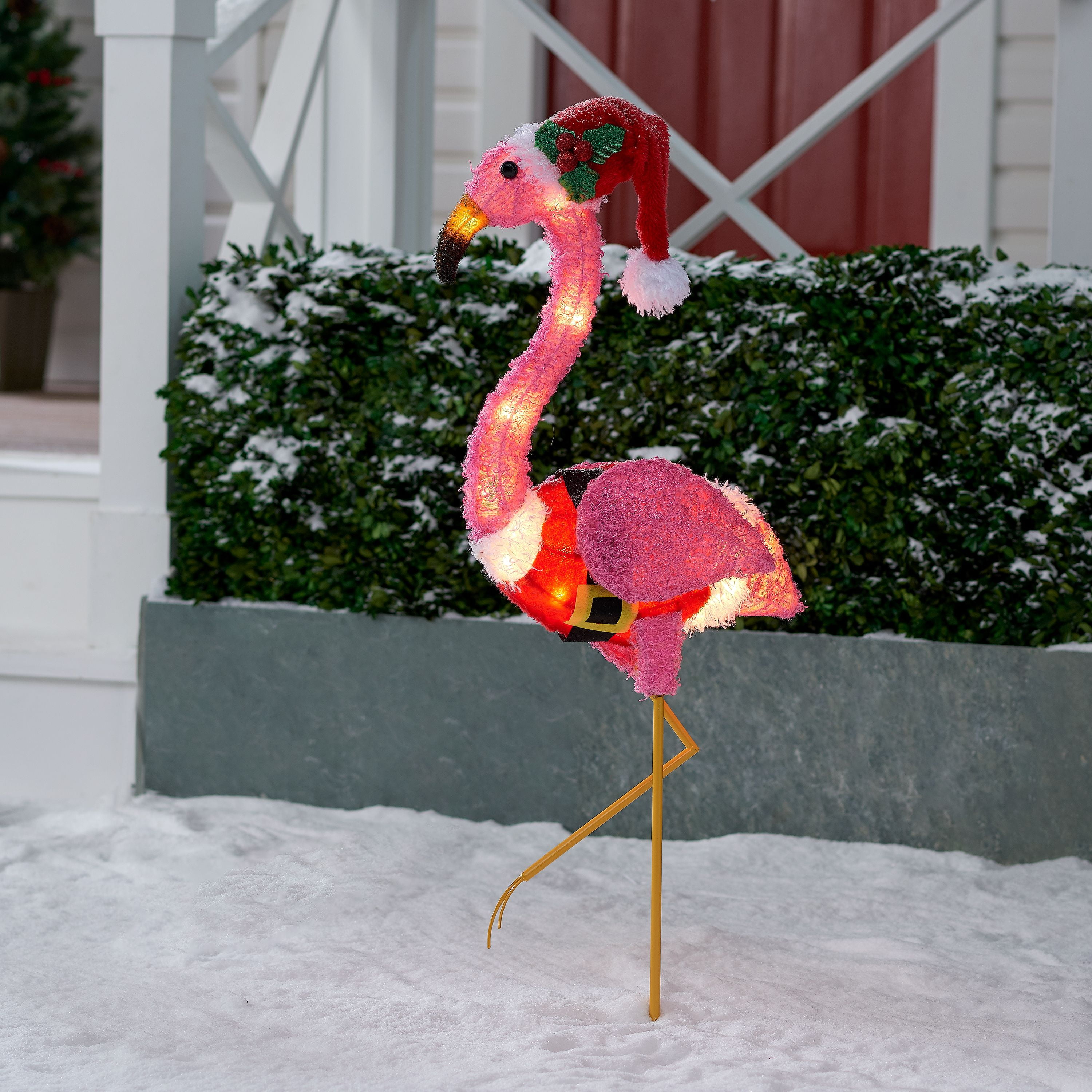 holiday time light up flamingo with santa hat