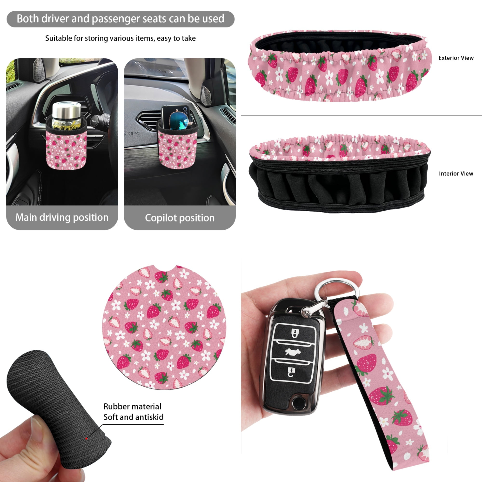 Yuyamidu Pink Strawberry Car Seat Cover Set 15 PCS Flower Steering Wheel Cover Seat Belt Cushion Pad Garbage Bag Air Vent Pocket Rearview Mirror Cover Coasters Keychain for SUV Sedan Van