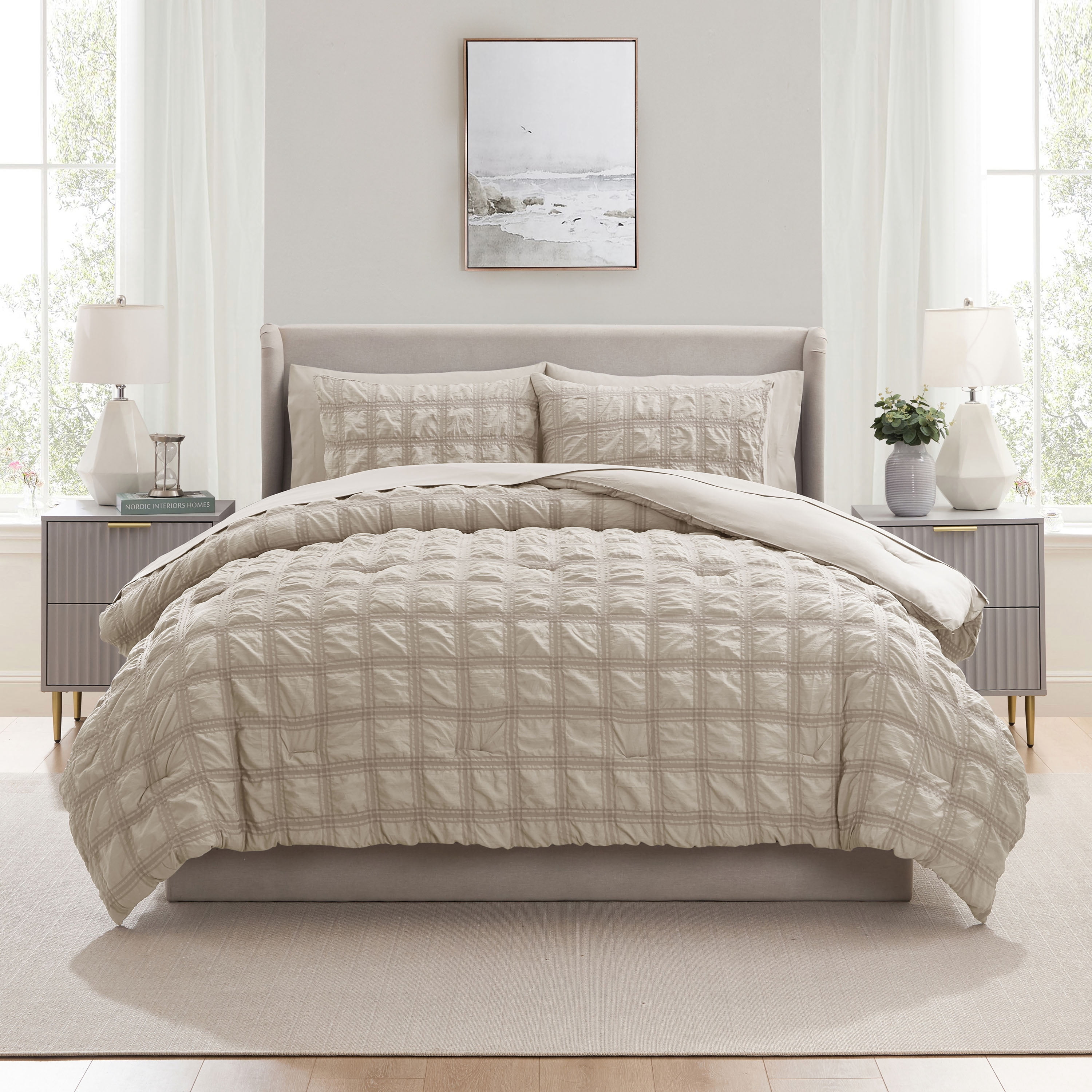 LammaLoe King Size Comforter Sets, 7 Piece Seersucker Bed in a Bag, Bedding Comforter Set with Sheets, Modern Bed Set, Oatmeal