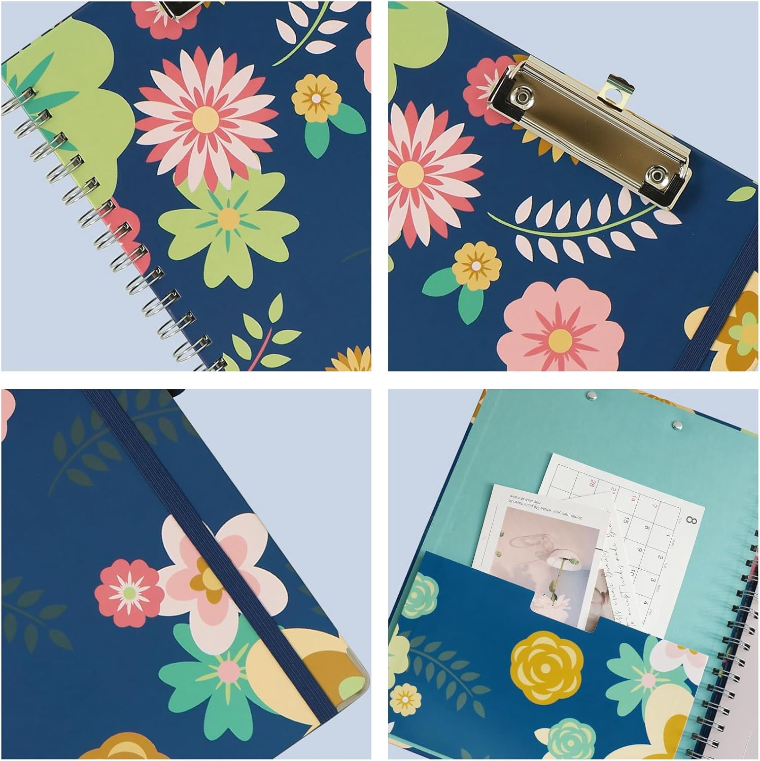 Clipboard Folio Spiral Folder Board 5 Extra Folders with 10 Storage Pockets Refillable Lined Fillable Notepad Folded Storage Suitable for Office School and Student (Blue Flowers)