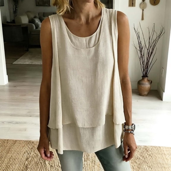 WCJM Women's Tanks Flowy Chiffon Sleeveless Blouse for Women Double Layers Crewneck Tank Top Ladies Summer White Tunic Shirt