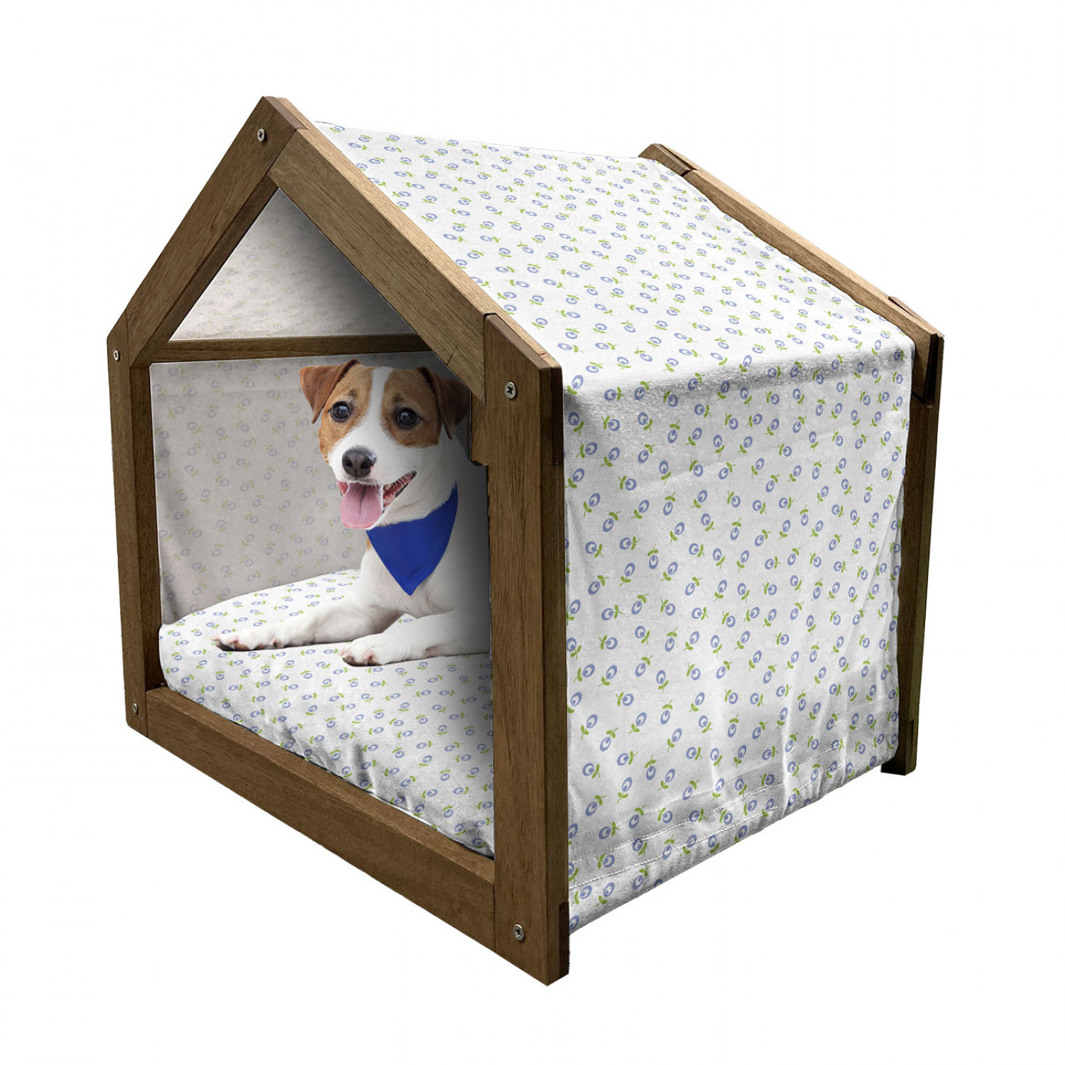 Floral Patterned Wooden Dog House with Canopy and Pillow