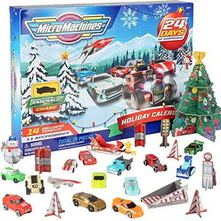 Micro Machines 2024 Holiday Christmas Advent Calendar for Boys, 25-Piece Set - Mini Cars w/ Race Track Playset - Collectible Miniature Vehicle Toy Gift for Kids - Ages 4+
