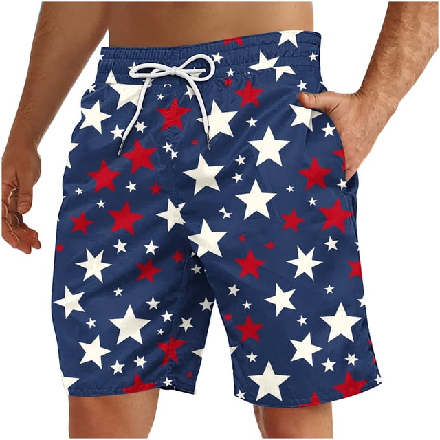 Pantalones Cortos Deportivos para Hombre, Pantalones Cortos de Playa con Cordón Impreso para el Día de la Independencia con Bolsillo Hechos de 95% Poliéster 5% Spandex, Pantalones Cortos Deportivos Pa