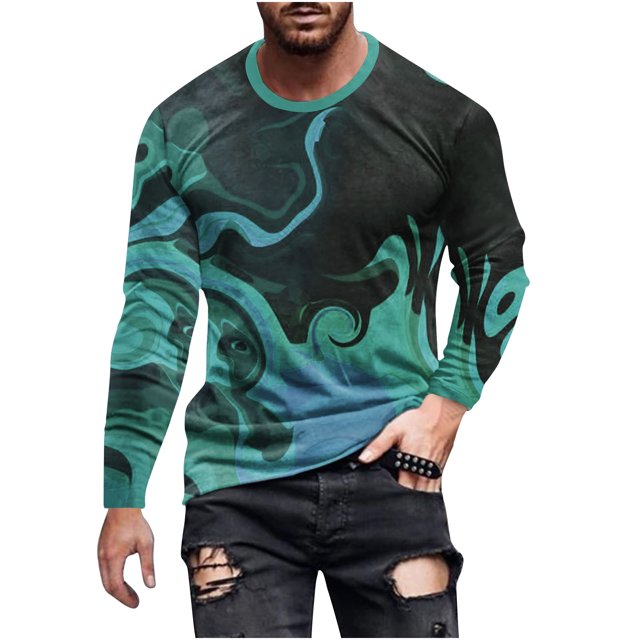 Blusas y camisas de manga larga con cuello redondo para hombre, blusa informal de manga larga con cuello redondo y estampado de rayas, blusa de poliéster para hombre