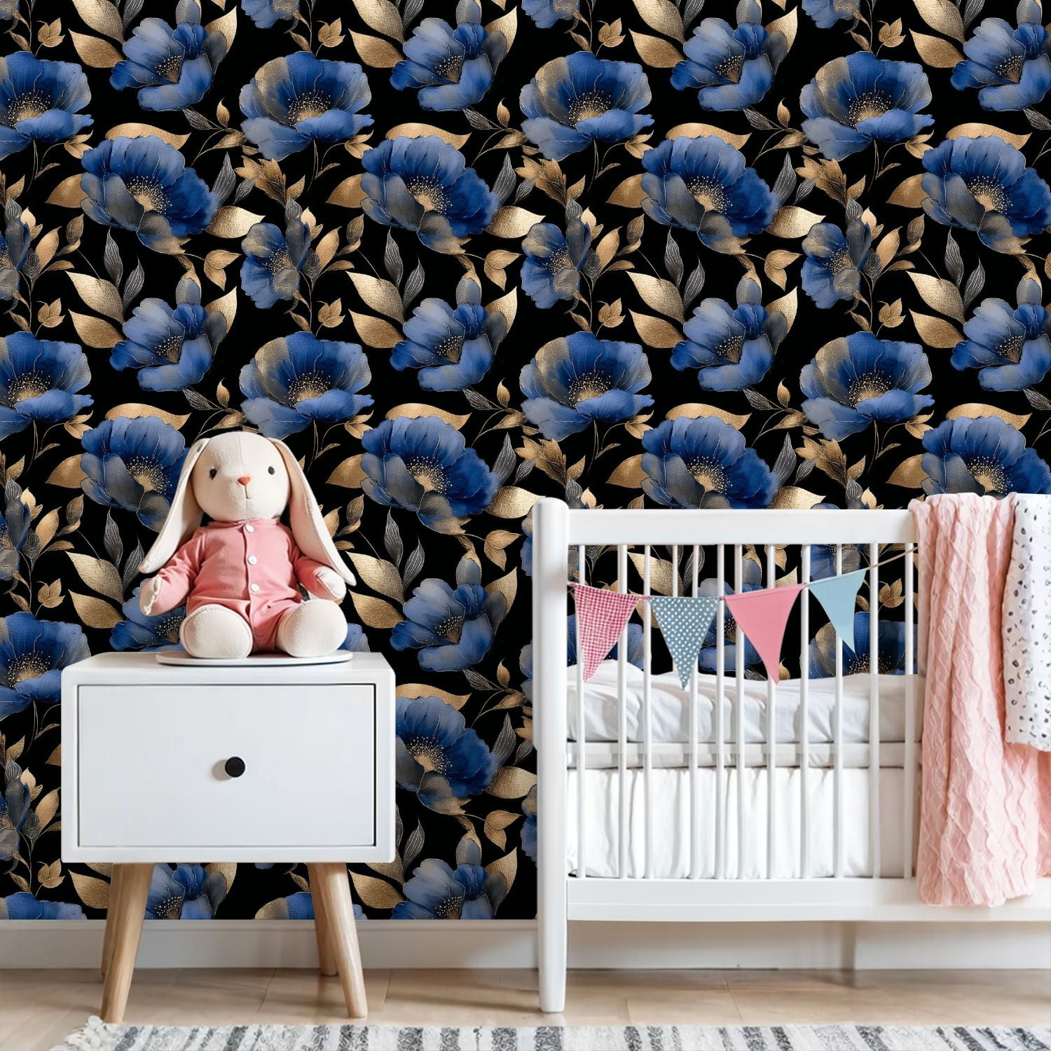 Peel and Stick Wallpaper 23.6in x 9.8ft Elegant Blue Gold Floral Black Contact Paper Vinyl Self-Adhesive Removable Wall Paper for Bedroom DIY Home Decor Renter Friendly