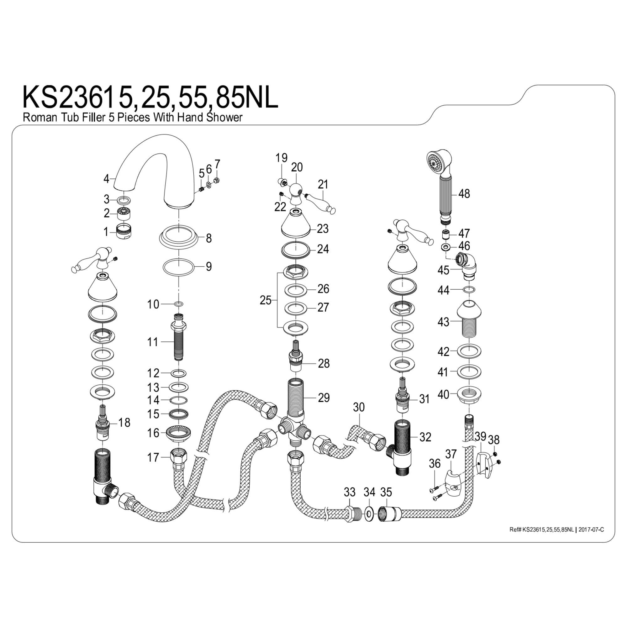 Kingston Brass KS23685NL Naples 5-Piece Roman Tub Faucet with Hand Shower, Brushed Nickel