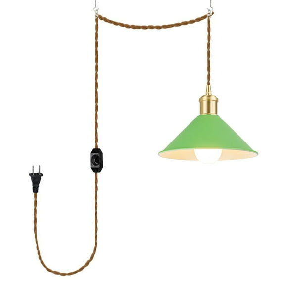 KAYYELAMP 15ft Plug in Dimmable Cord Hanging Light Brass Base Green Metal Shade Classic Style Pendant for Farmhouse Home Store(No Bulb)