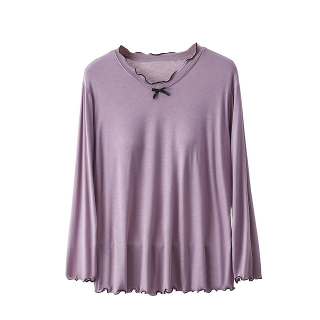 Tnhcen Haut de Pyjama pour Femmes en Mélange Modal - Soutien-Gorge Intégré, Nœud, Col Rond, Bord Froissé, Manches Longues, Grande Taille (m-2TG)