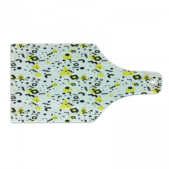 Black and Yellow Cutting Board, Prehistoric Patterns of Minimalism 80's 90's Years Memphis Style, Tempered Glass Cutting and Serving Board, Wine Bottle Shape, Black Yellow White, by Ambesonne