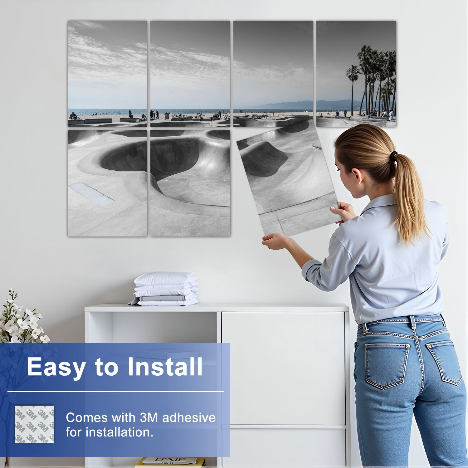 8 Pack Art Acoustic Panels Sound Absorbing Venice Beach Skate Park White Decorative Soundproof Wall Panels Self Adhesive for Nursery Game Room Bedroom 48"x32"