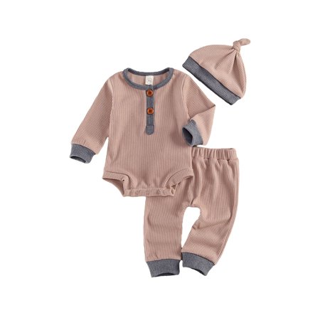 

Bmnmsl Baby Long Sleeve Round Neck Decorative Button Romper Trousers Hat