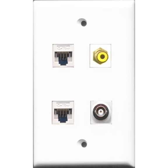 RiteAV 1 Port RCA Yellow and 1 Port BNC 2 Port Cat5e Ethernet White Wall Plate