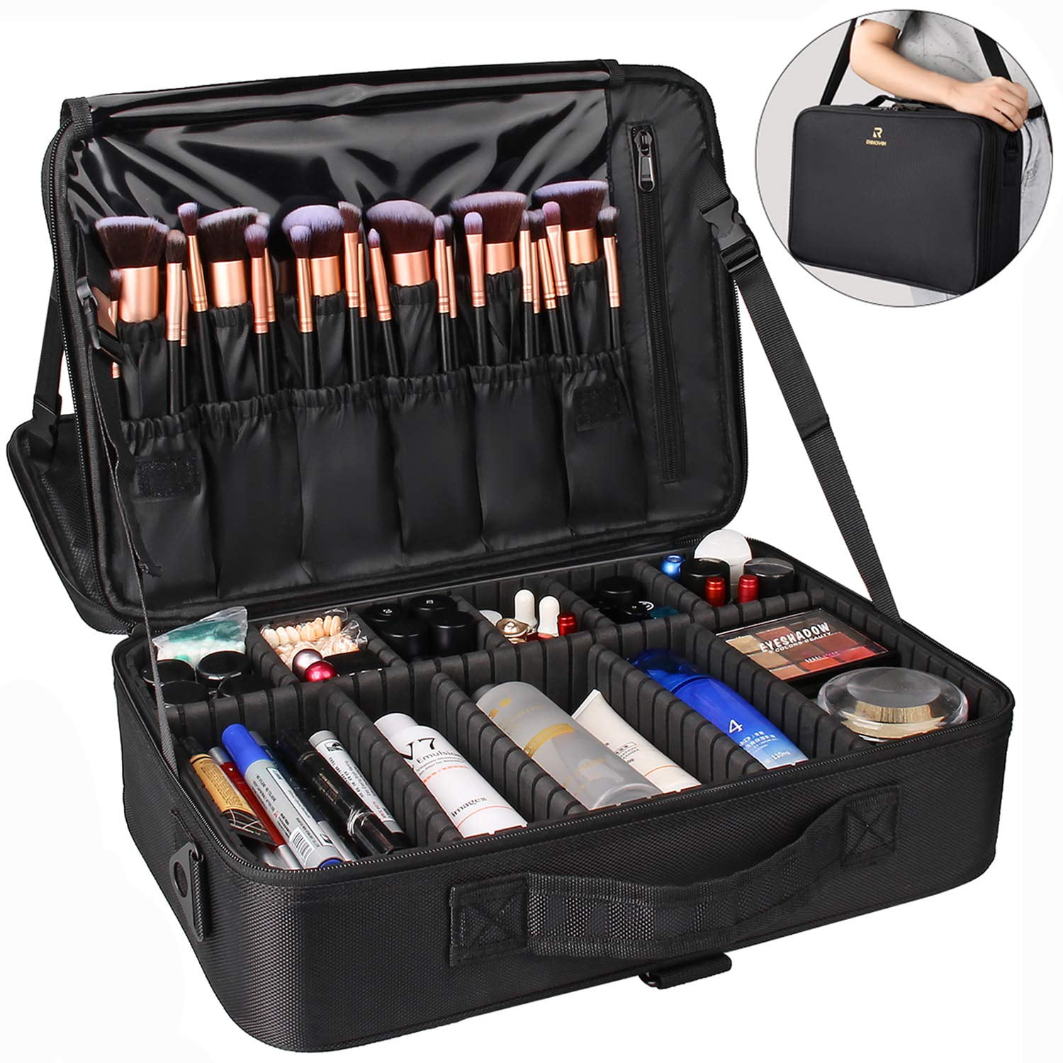 Makeup 3 Layer Large Size Professional Cosmetic Organizer Make Up Artist with Adjustable - Black - Walmart.com