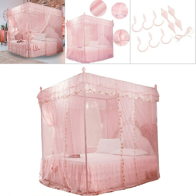 Luxury Princess 3-Side Openings Post Bed Curtain Canopy Netting Net Bedding with Breathable Mesh, Princess Style, Easy to Clean for Ladies Bedroom Decoration