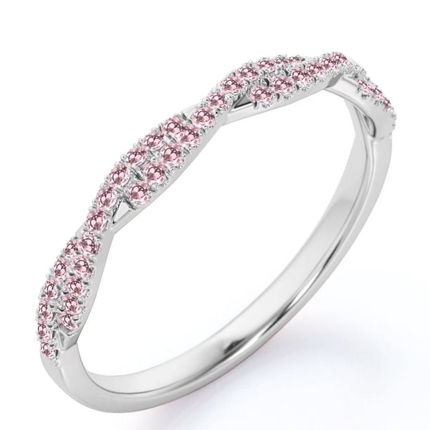 JeenMata Alianza de Boda de Media Eternidad con Forma Redonda de 0,25 Quilates y Piedra Natal de Octubre con Pavé de Turmalina Rosa en Oro Blanco de 18 K sobre Plata