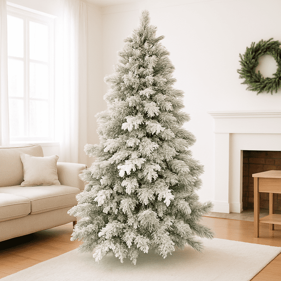 8FT Pre-lit Snow Flocked Artificial Christmas Tree w/ PVC Branch Tips, Pre-Strung Warm White Led Lights, Metal Hinges & Foldable Base, Full Frosted Xmas Tree for Holiday Decoration