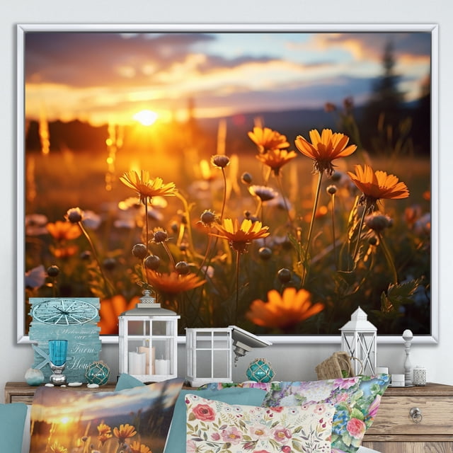 Designart Large Wildflowers framed wall Art, Sunset Over a Yellow Wildflowers Field I , Wildflowers framed wall art decor, Yellow Traditional White Framed Wall Art, White Color Frame