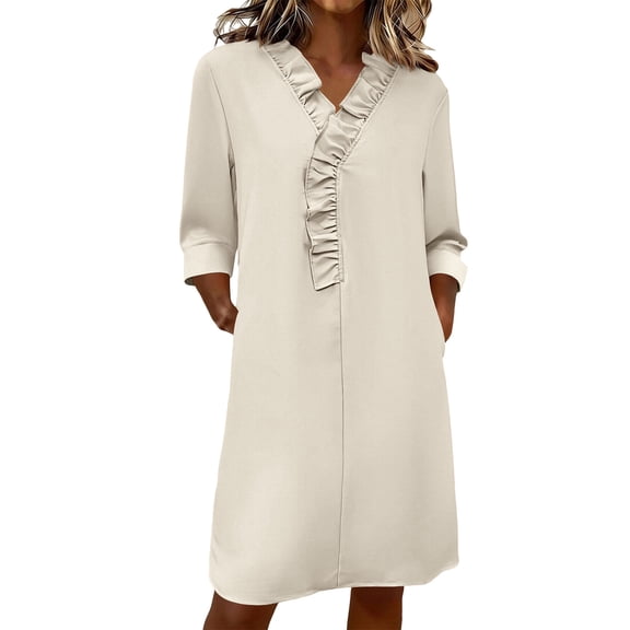 Gytharion Women's Ruffled V Neck Dresses Solid Color Long Sleeve Knee-length Dresses Casual Summer Dresses with Pockets