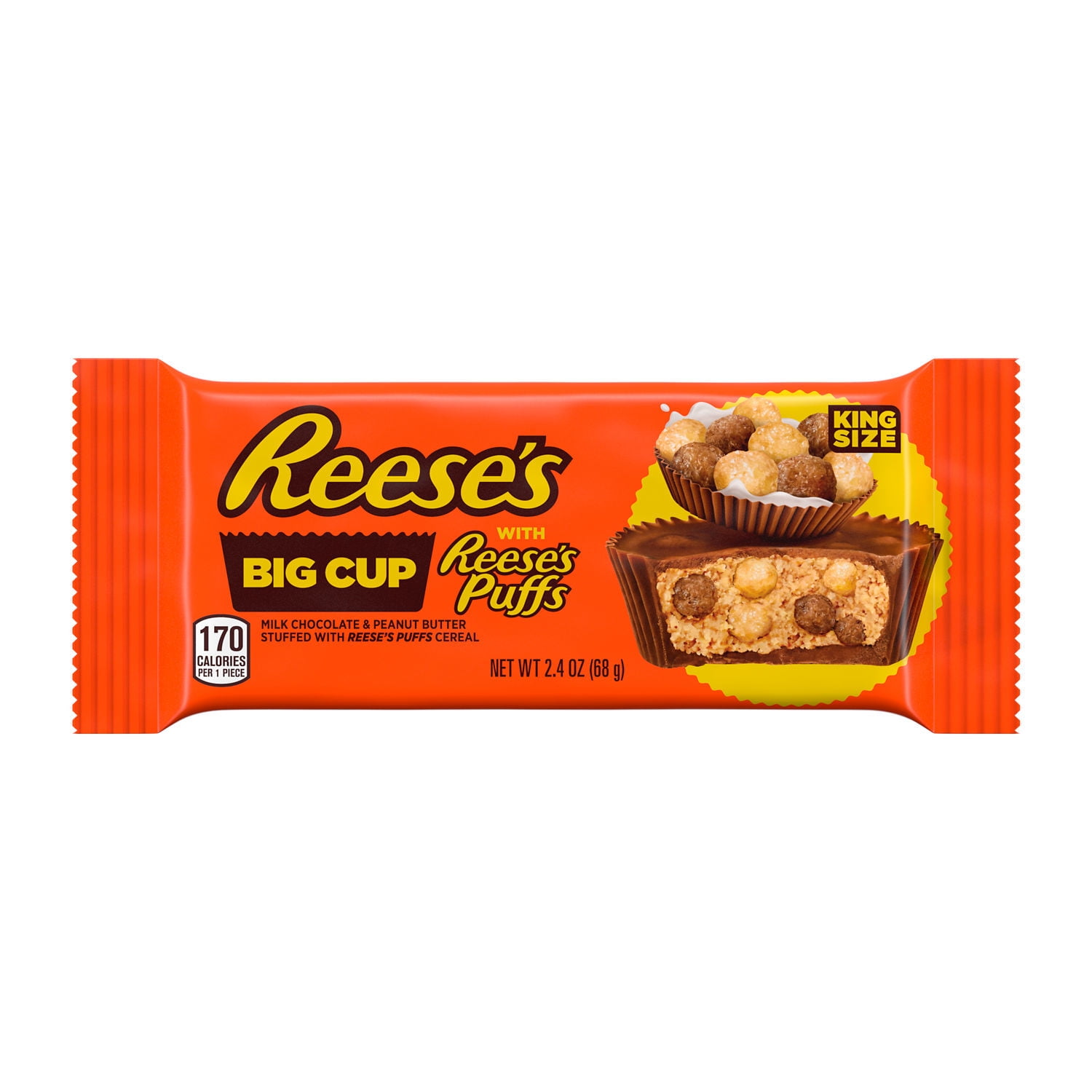 REESE'S, STUFFED WITH REESE'S PUFFS CEREAL Big Cup Milk Chocolate Peanut Butter Cups Candy, Gluten Free, 2.4 oz, King Size Pack