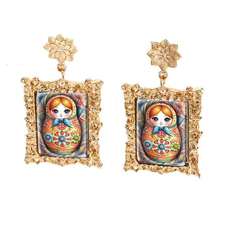Beautiful Matryoshka Doll Earrings – Vintage Russian Art-Inspired Statement in Gold Tone
