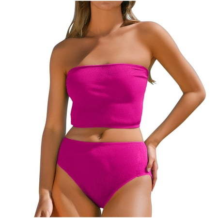 Arnsht Women s High Waisted Bikini Swimsuit Two Piece Strapless Cheeky Bathing Suits Soft Comfortable Breathable Beachwear Hot Pink XXL
