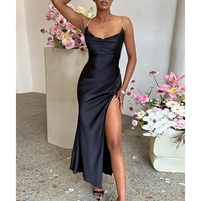 XiaoBanDeng Women s Cowl Neck Maxi Satin Dress Sleeveless Open Back Lace Up Bandage High Split Strappy Wrap Gown Dress Walmart