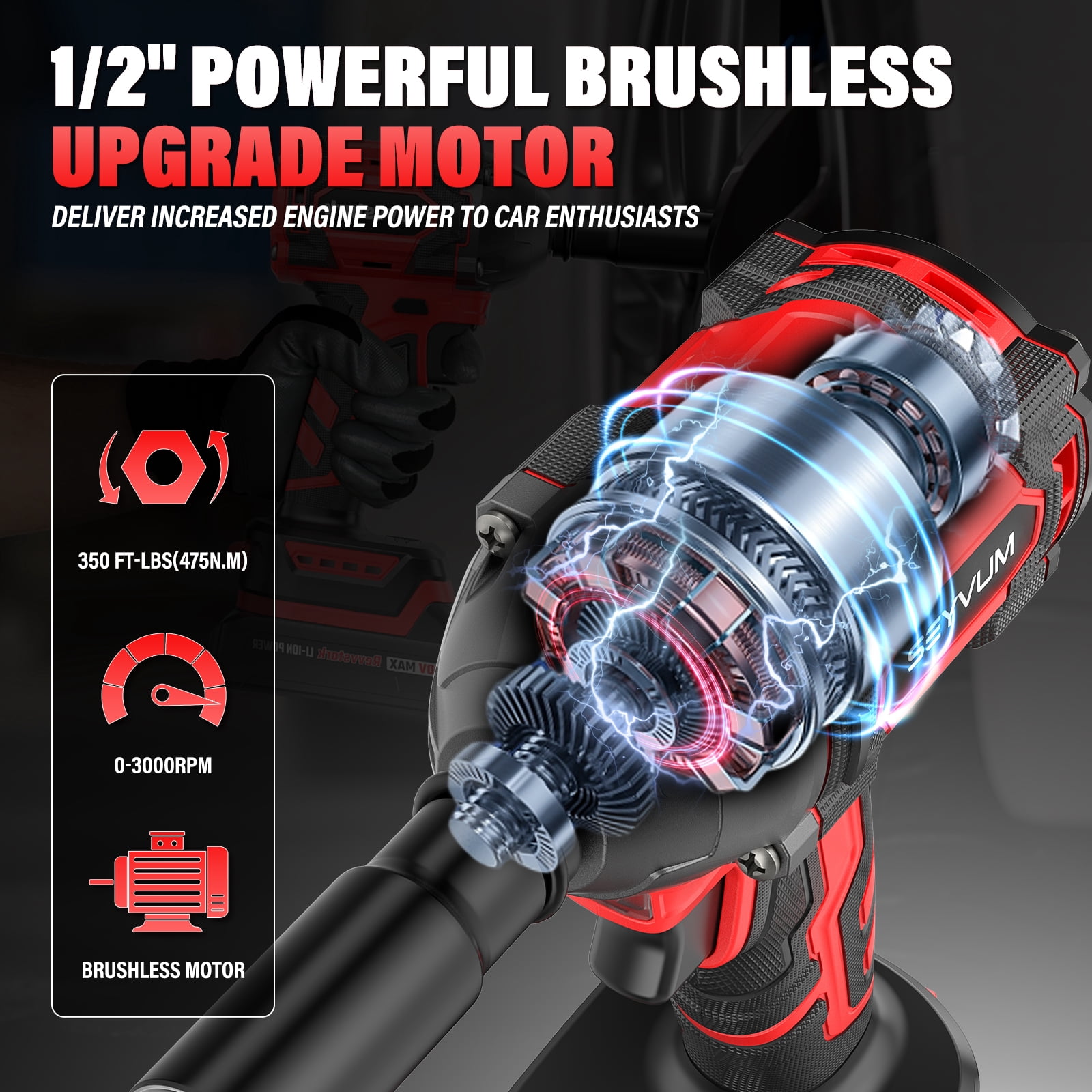 SEYVUM Cordless Impact Wrench, 20V Compact Brushless 1/2 Inch Impact Driver with 4.0Ah Lithium-Ion Battery and Fast Charger, 350 Ft-lbs(475 N.m) with 4 Pcs Sockets, Electric Impact Wrench for Car Hom