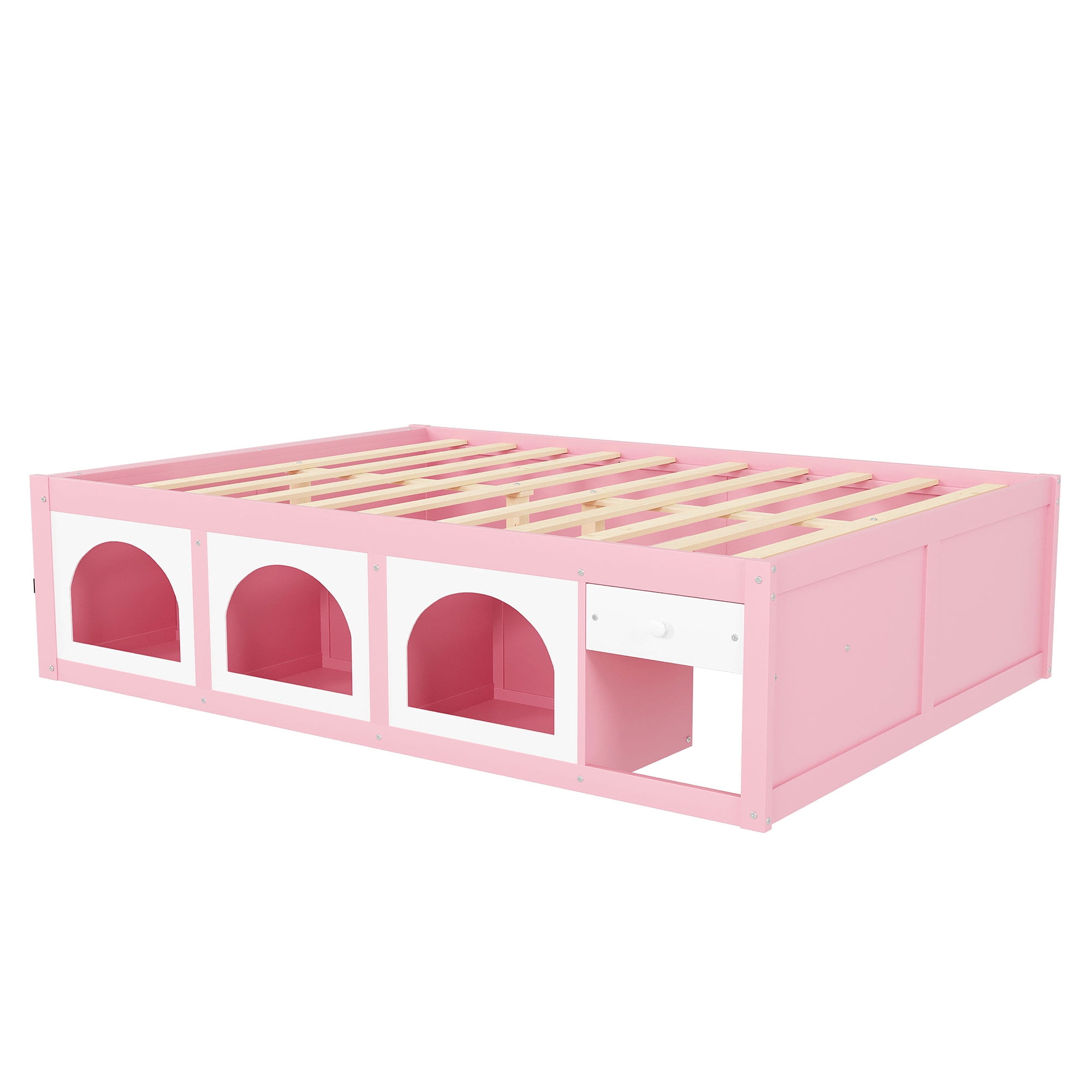 Mintazer Modern Queen Size Bed with Bookshelf and 3 Open Cubbies & Drawer, Platform Bed Frame with LED Light for Kids Bedroom, Pink & White