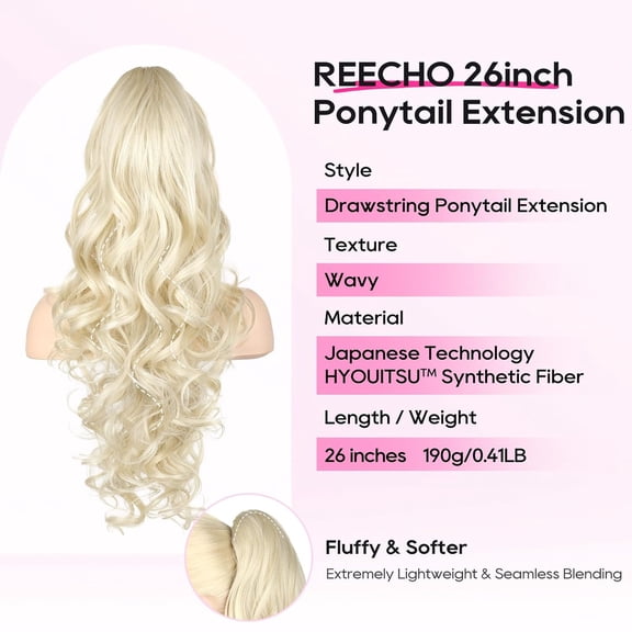 WEIF-Ponytail Extension, 26 Inch Drawstring Ponytail Extension Long Curly Wavy Pony Tails Hair Extensions Natural Fake Synthetic Clip in Ponytail Hairpiece for Women Daily, Light Blonde