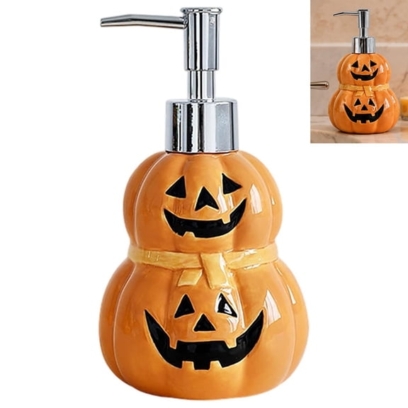 Halloween Pumpkin Ceramic Soap Dispenser, Refillable Lotion Liquid Hand Soap Pump Bottle, Essential Oil Lotion Bathroom Kitchen, Orange