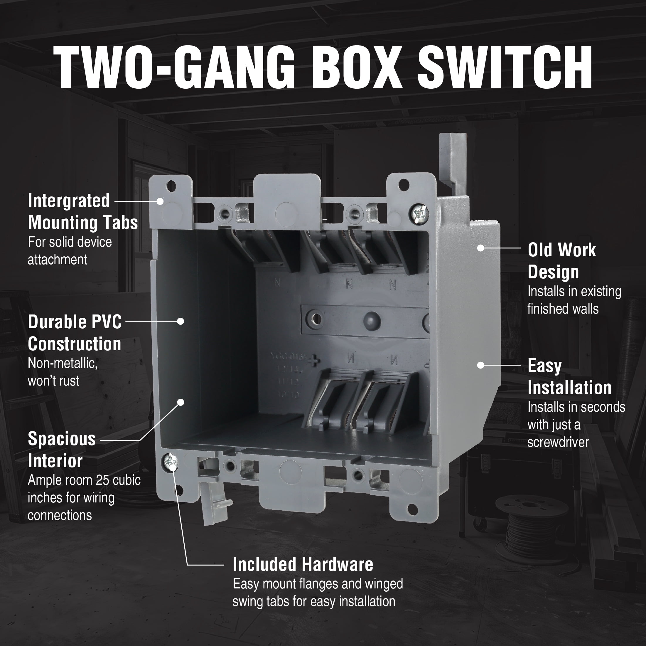 Hyper Tough Two-gang Box Switch / Outlet Plastic Electrical Box TD35072Z, 3.94 in Width