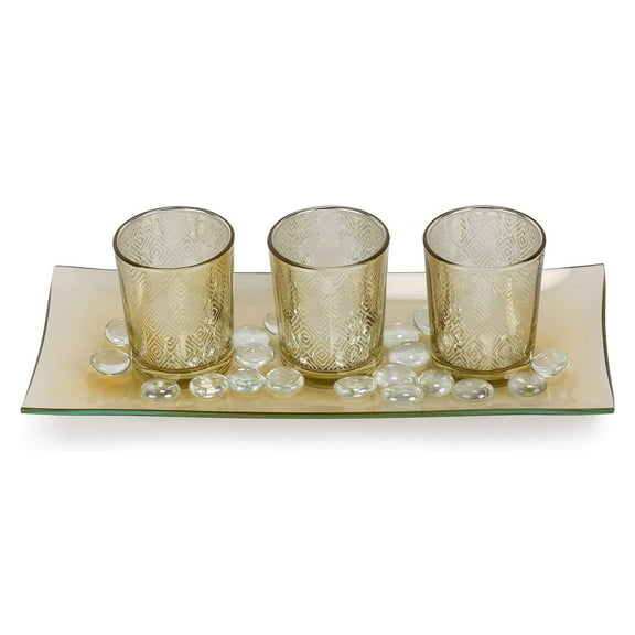 Dawhud Direct Votive Candle Holders, Vintage Flameless Set, 3 LED Tea Lights, Glass